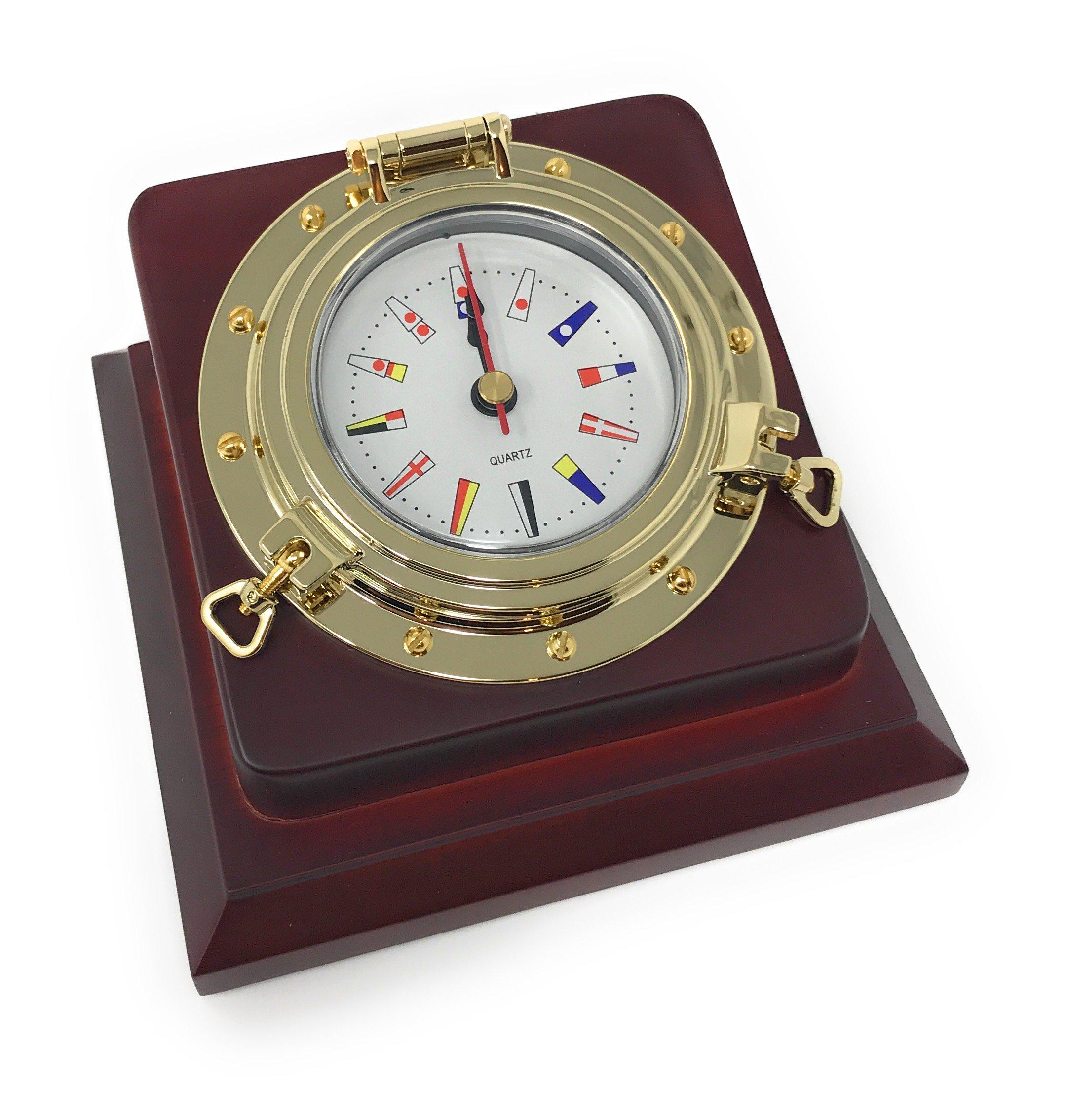 Golden Nautical Porthole Brass Desk Clock w/ Solid Wooden Base & Quartz Clock Movement - Five Oceans-Canadian Marine &amp; Outdoor Equipment