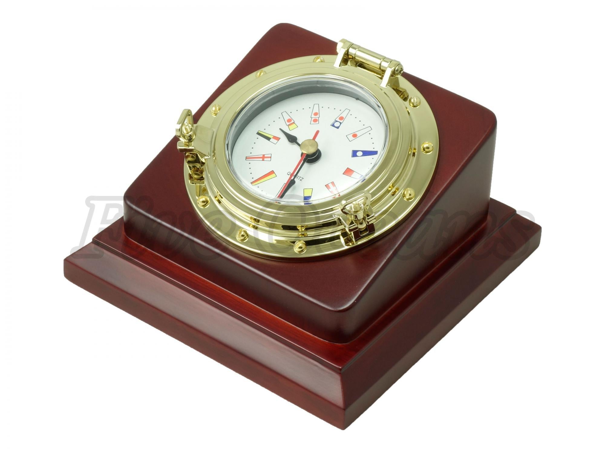 Golden Nautical Porthole Brass Desk Clock w/ Solid Wooden Base & Quartz Clock Movement - Five Oceans-Canadian Marine &amp; Outdoor Equipment