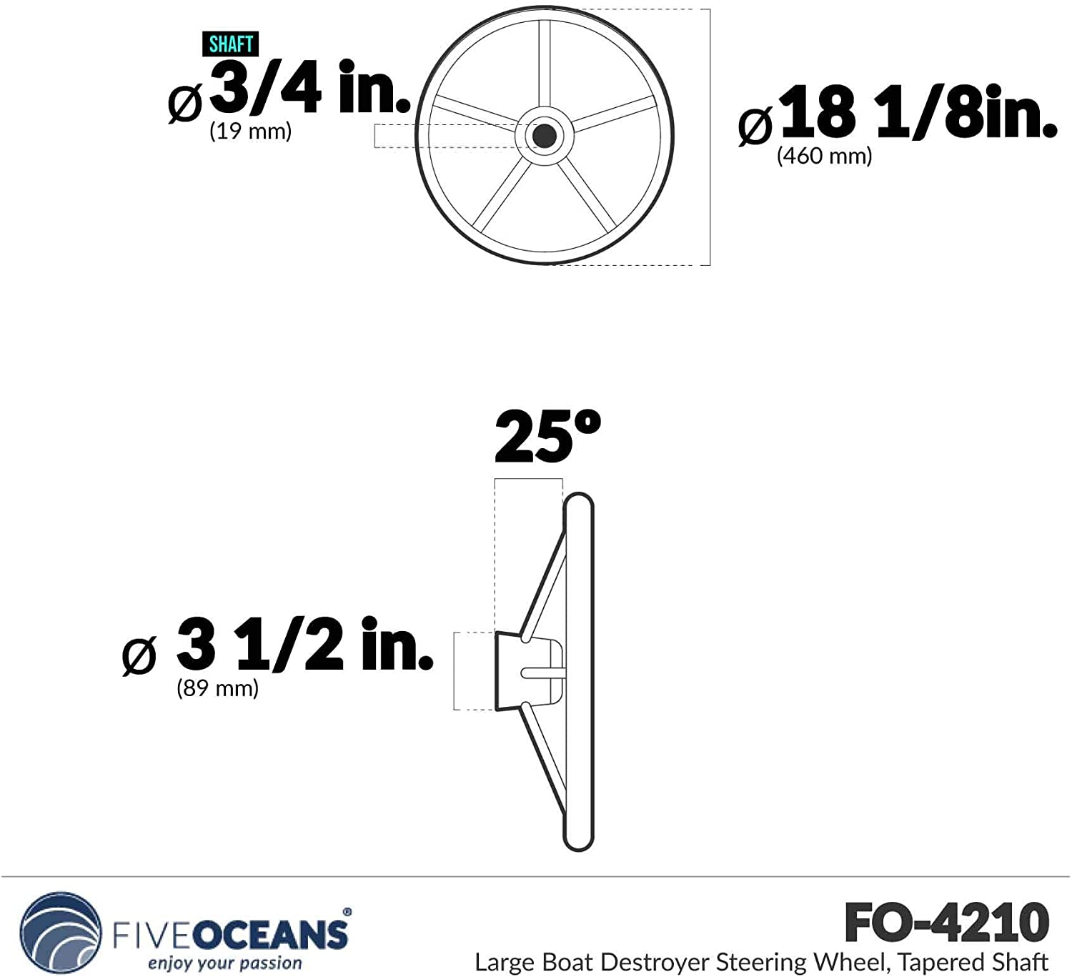 Large Boat Destroyer Steering Wheel, Tapered Shaft - Stainless Steel - Five Oceans-Canadian Marine &amp; Outdoor Equipment