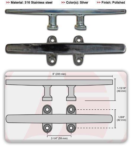 Low Silhouette 8" Open Base Stainless Steel Cleat-Canadian Marine &amp; Outdoor Equipment