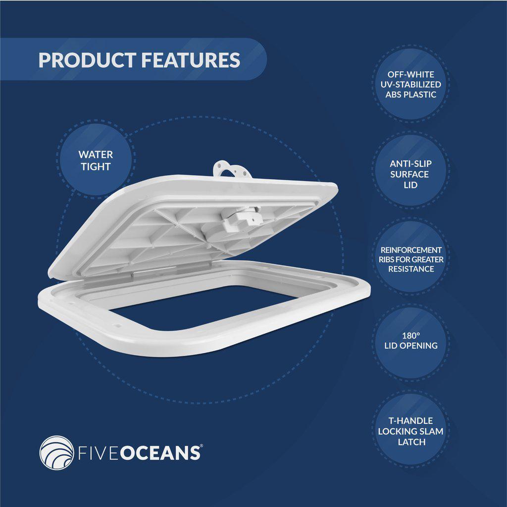 Marine Deck Access Hatch with T-Handle, Locking Slam Latch, 10-7/8 in (276mm) x 14-3/4 in (375mm), Off-White ABS Plastic, Water-Tight | Canadian Marine & Outdoor Equipment