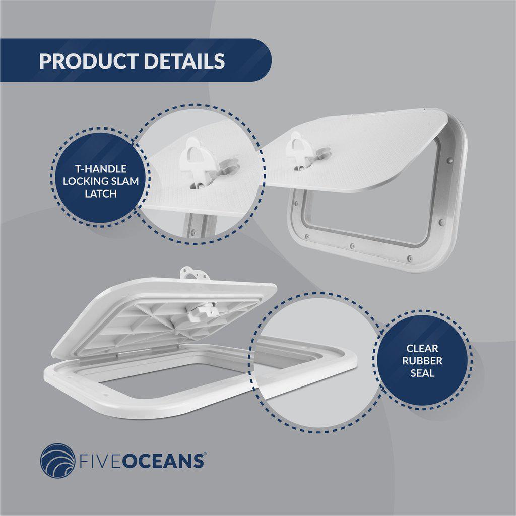 Marine Deck Access Hatch with T-Handle, Locking Slam Latch, 10-7/8 in (276mm) x 14-3/4 in (375mm), Off-White ABS Plastic, Water-Tight | Canadian Marine & Outdoor Equipment