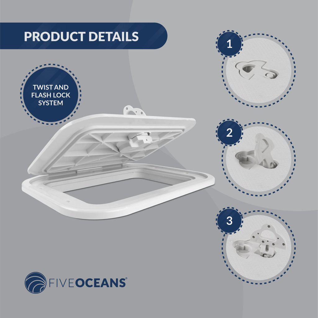 Marine Deck Access Hatch with T-Handle, Locking Slam Latch, 10-7/8 in (276mm) x 14-3/4 in (375mm), Off-White ABS Plastic, Water-Tight | Canadian Marine & Outdoor Equipment