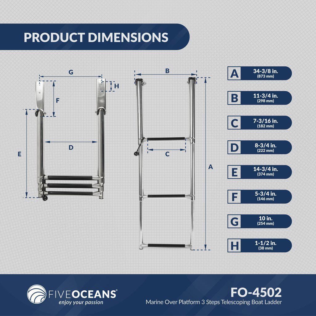 Marine Over Platform 3 Steps Telescoping Boat Ladder, Stainless Steel - Five Oceans | Canadian Marine & Outdoor Equipment