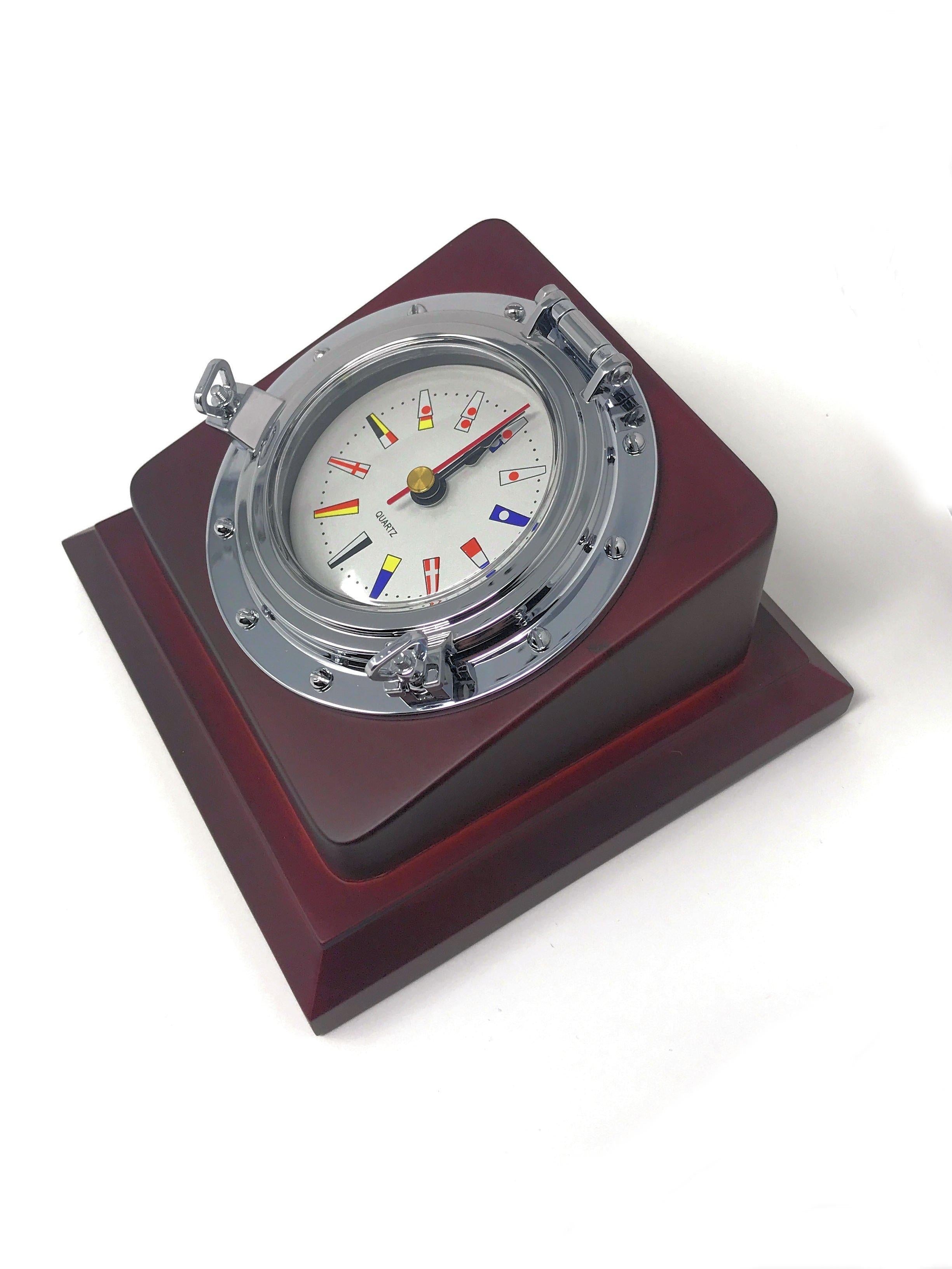 Nautical Porthole Chrome Desk Quartz Clock w/ mahogany finish MDF - Five Oceans-Canadian Marine &amp; Outdoor Equipment