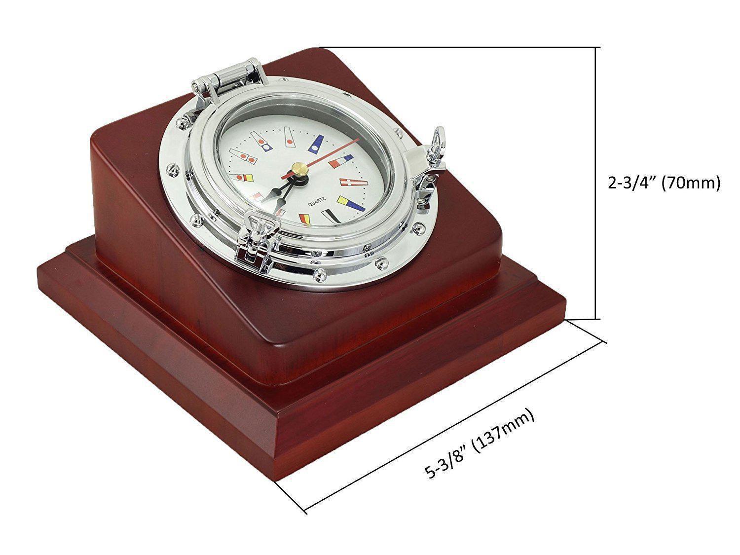 Nautical Porthole Chrome Desk Quartz Clock w/ mahogany finish MDF - Five Oceans-Canadian Marine &amp; Outdoor Equipment