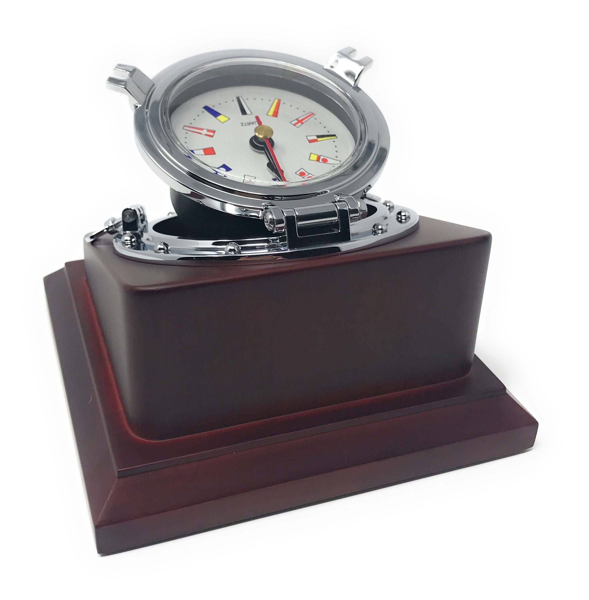 Nautical Porthole Chrome Desk Quartz Clock w/ mahogany finish MDF - Five Oceans-Canadian Marine &amp; Outdoor Equipment