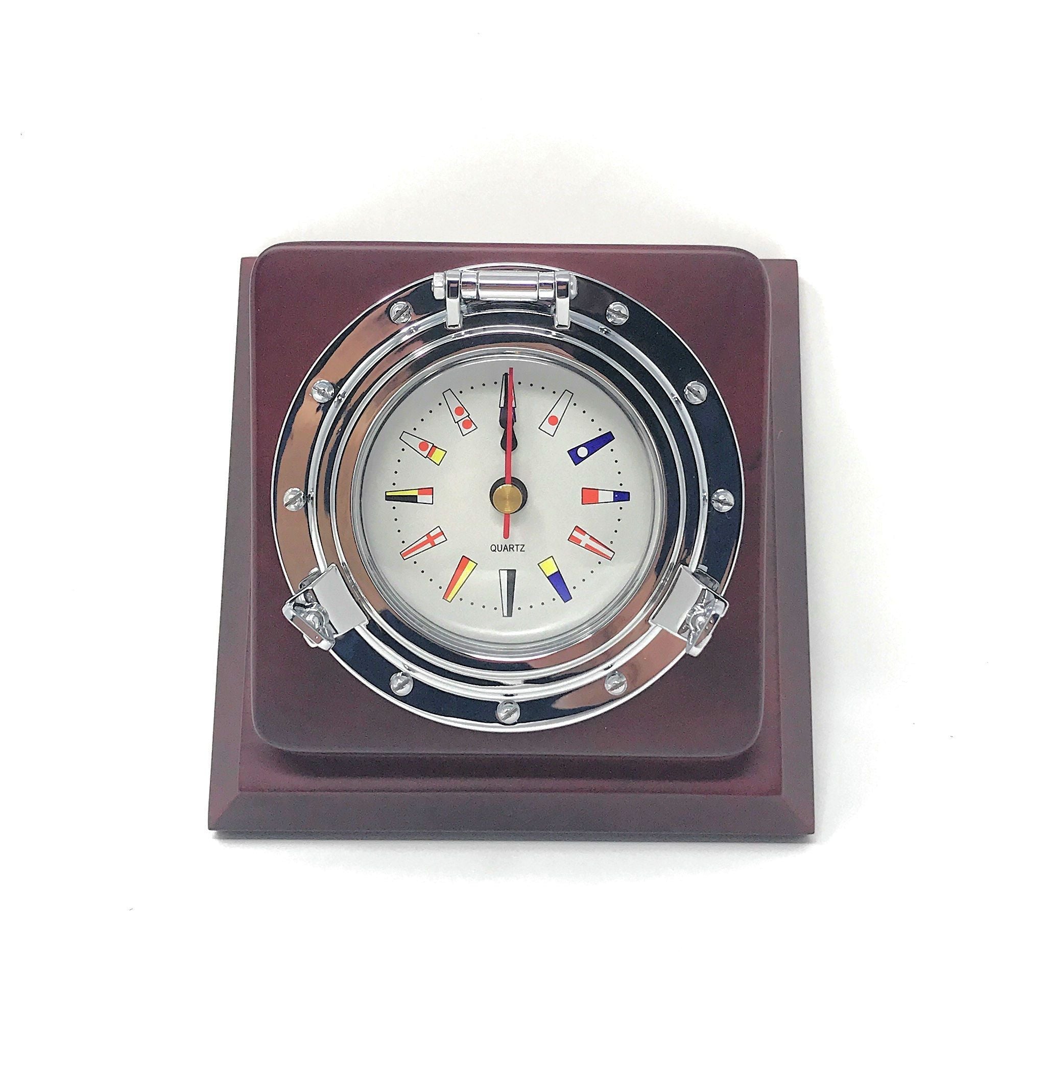 Nautical Porthole Chrome Desk Quartz Clock w/ mahogany finish MDF - Five Oceans-Canadian Marine &amp; Outdoor Equipment