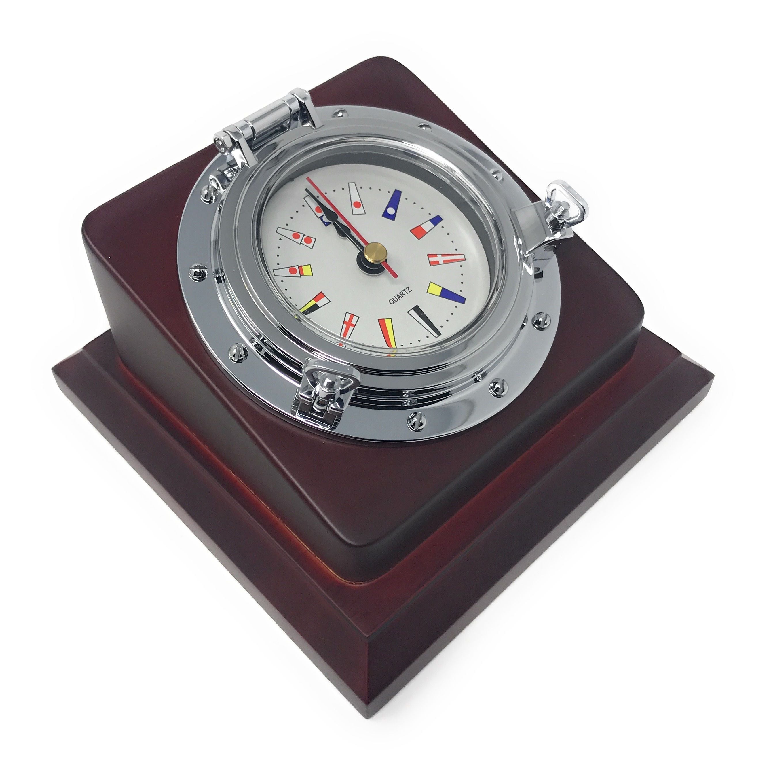 Nautical Porthole Chrome Desk Quartz Clock w/ mahogany finish MDF - Five Oceans-Canadian Marine &amp; Outdoor Equipment