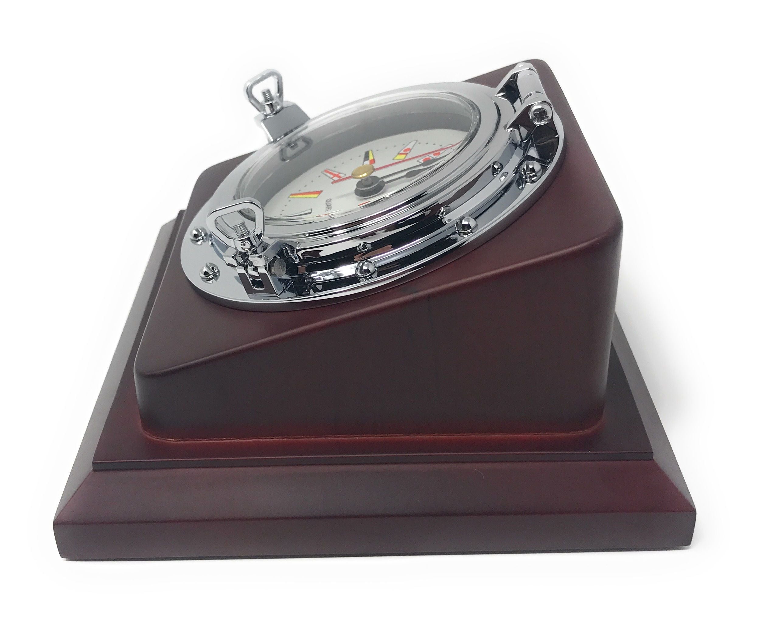 Nautical Porthole Chrome Desk Quartz Clock w/ mahogany finish MDF - Five Oceans-Canadian Marine &amp; Outdoor Equipment