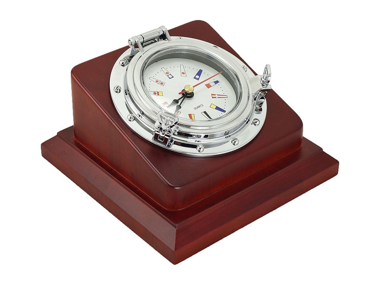 Nautical Porthole Chrome Desk Quartz Clock w/ mahogany finish MDF - Five Oceans-Canadian Marine &amp; Outdoor Equipment