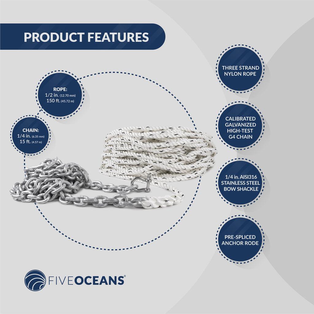 Windlass Anchor Rode Nylon Three Strand 1/2in x 150ft with Calibrated Hot Dipped Galvanized Steel HT G4 Chain 1/4in x 15ft, 1/4in SS Shackle-Canadian Marine &amp; Outdoor Equipment