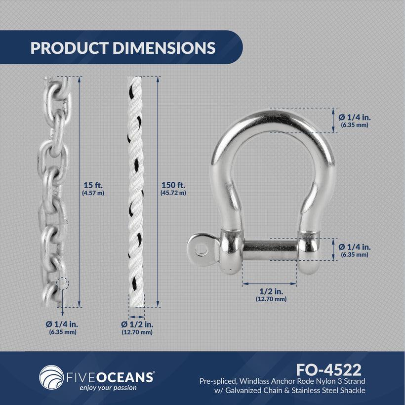 Windlass Anchor Rode Nylon Three Strand 1/2in x 150ft with Calibrated Hot Dipped Galvanized Steel HT G4 Chain 1/4in x 15ft, 1/4in SS Shackle-Canadian Marine &amp; Outdoor Equipment