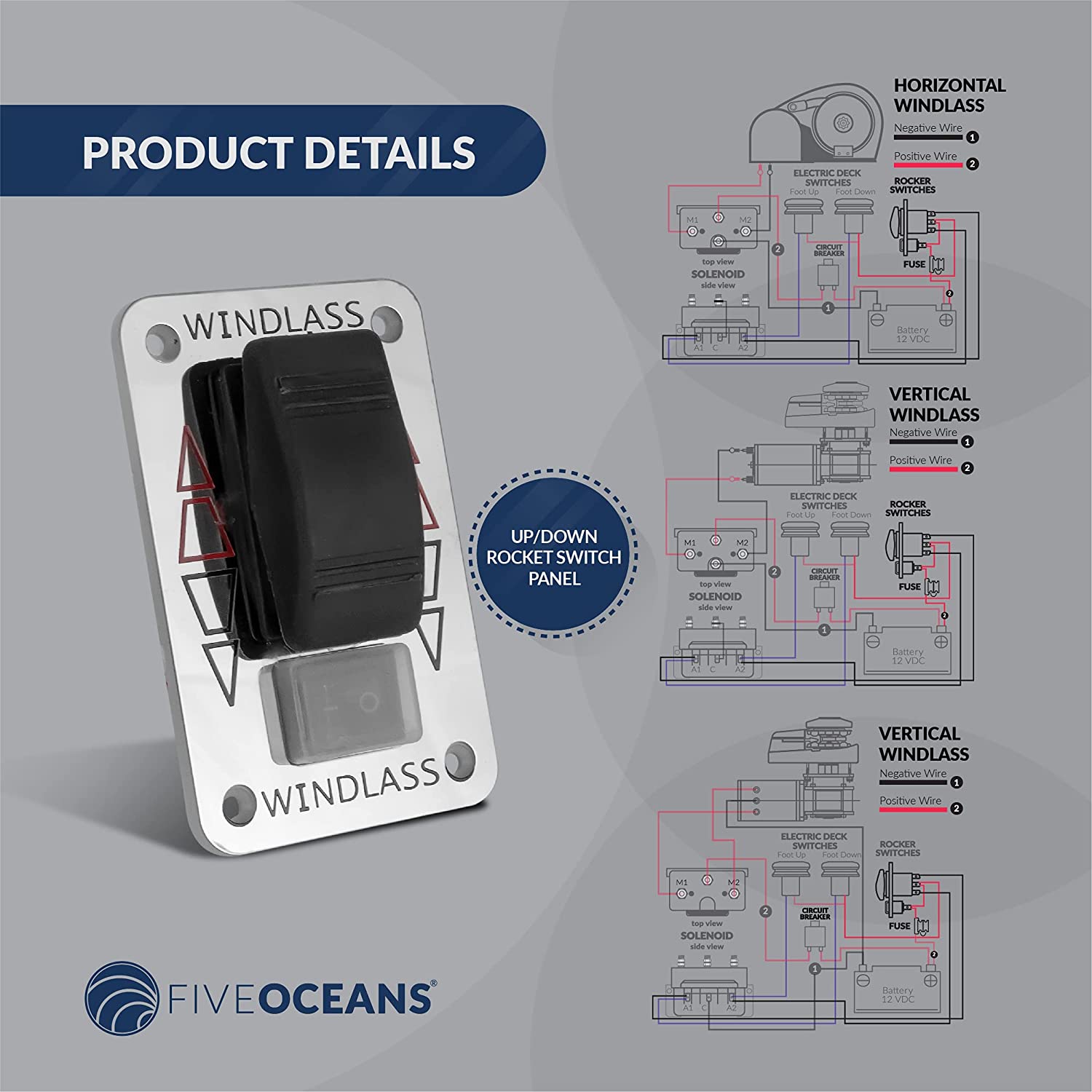 12V Windlass Rocker Switch Panel, SPDT 3-Terminal – Five Oceans | Canadian Marine & Outdoor Equipment